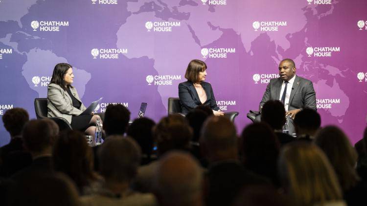 Rachel Reeves and David Lammy on stage with Bronwen Maddox at Chatham House