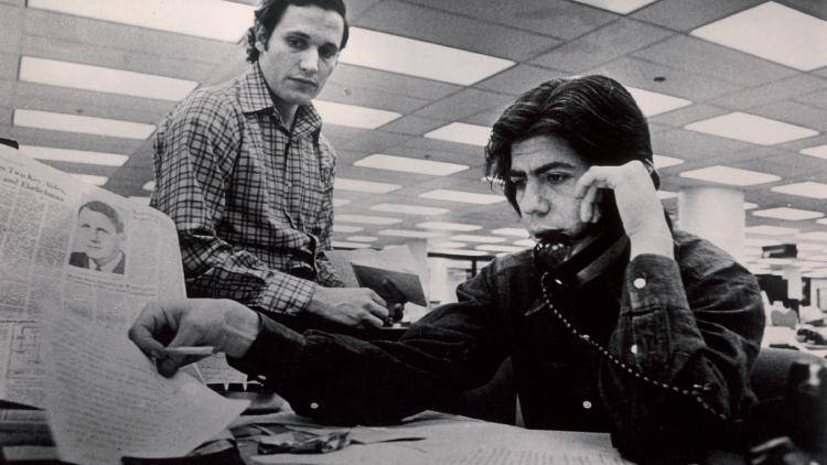 Bob Woodward (left) and Carl Bernstein working on the story at The Washington Post. Photo: Ken Feil/Washington Post/Getty Images