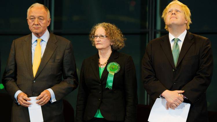 Labour candidate Ken Livingstone, Green Party candidate Jenny Jones and Conservative candidate Boris Johnson listen to the results of the London mayoral elections in May 2012. Photo: Leon Neal/AFP/Getty Images