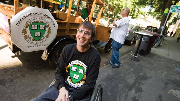 Richard Lee, paralysed from the neck down, runs Coffeeshop Blue Sky, in Oakland, California, which sells medical marijuana. Photo: Lauren Greenfield/Institute