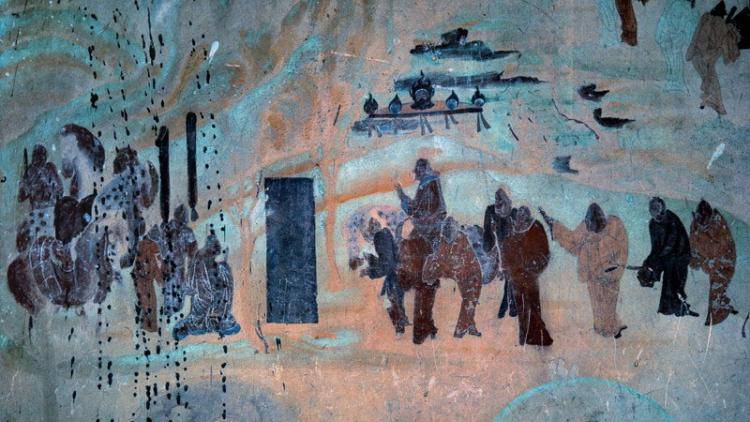 Tang Dynasty fresco of travelers on the Silk Road