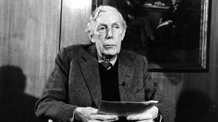 Art historian to the Queen, and Russian spy Anthony Blunt, at a press conference