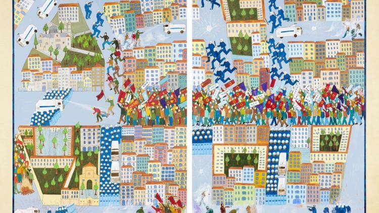 Resistance on Istiklal Street by Canan uses the visiual language of the Ottoman miniature to show the facade of every building