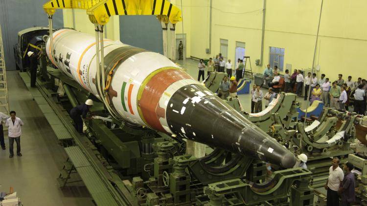 India’s Agni-5 intercontinental ballistic missile which is capable of carrying a nuclear warhead. The missile weighs 50 tonnes and is 17 metres long