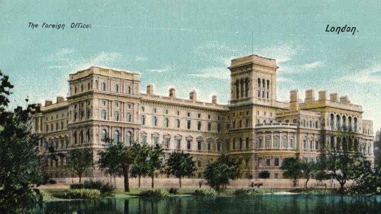 A painting of the Foreign Office in 1910 when much of the map of the world was coloured pink