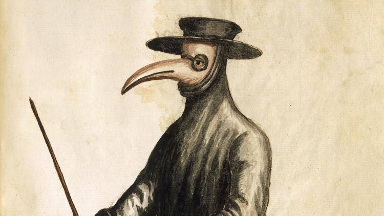 A 1650s Venetian plague doctor in protective clothing