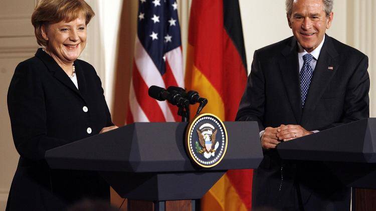 German Chancellor Merkel and U.S. President Bush hold a joint press conference