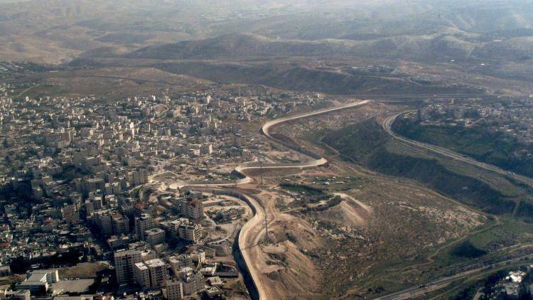 An aerial photograph of Jerusalem showing Israel’s separation barrier