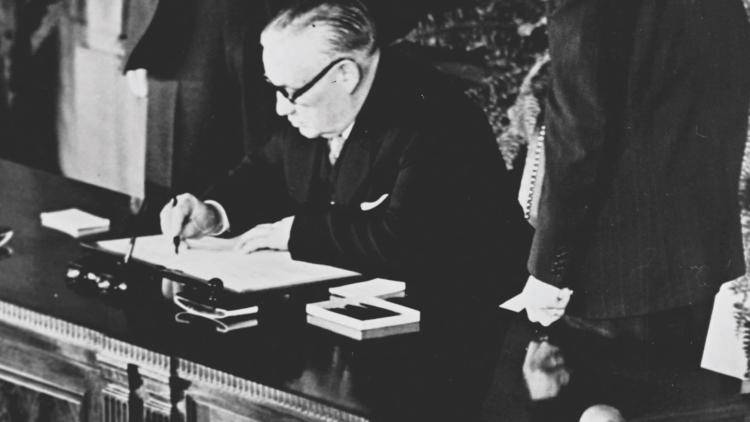 Foreign Secretary Ernest Bevin signs the NATO Treaty for Britain. 