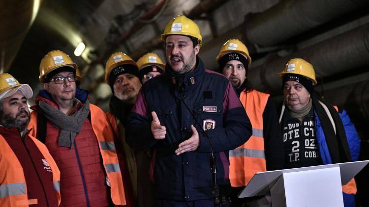 Italian deputy prime minister Matteo Salvini speaks to workers on the TAV high speed train link between Italy and France
