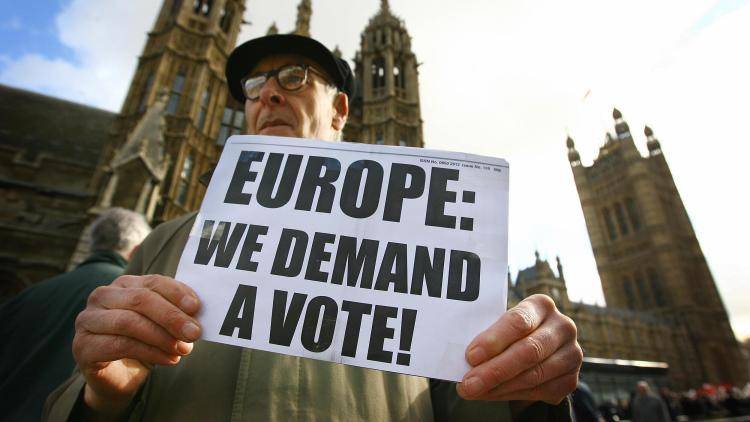 Protestors take part in a demonstration calling for a referendum on the European Union (EU) Lisbon Treaty, outside the Houses of Parliament in central London, on February 27, 2008.