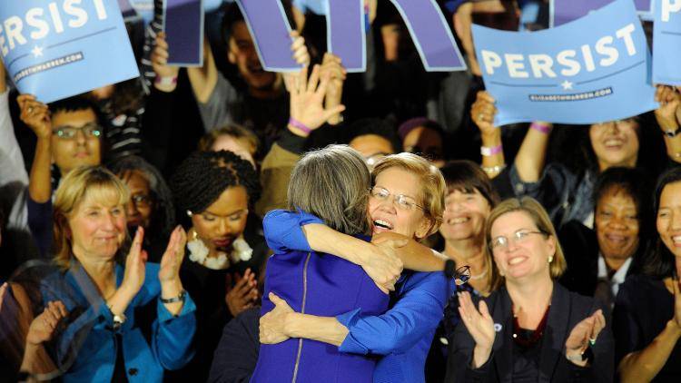 Democratic Senator Elizabeth Warren embraces Congresswoman Katherine Clark during election night celebrations
