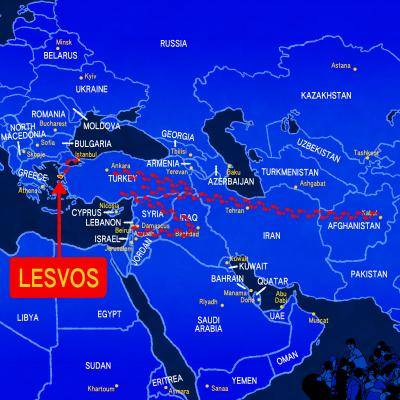 Illustration showing refugee routes to Lesvos from the Middle East. Illustration: Rebecca Hendin