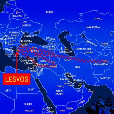 Illustration showing refugee routes to Lesvos from the Middle East. Illustration: Rebecca Hendin