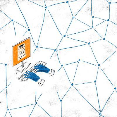 Illustration depicting hands and a digitized prescrition within the network.
