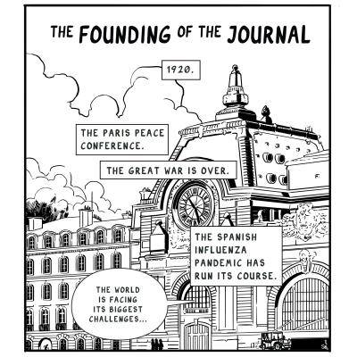 Black and white comic strip with a scene showing the conception of the International Affairs journal at the Paris peace conference 1922.