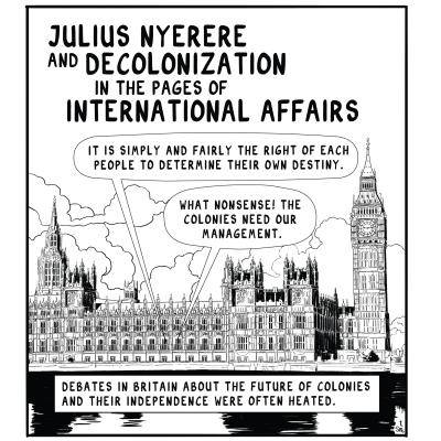 Black and white comic strip of debates in parliament on decolonization led by Julius Nyerere.