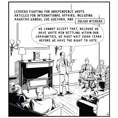 Black and white comic strip of the speech given by Julius Nyerere on decoloniation he gave at Chatham House in 1960.