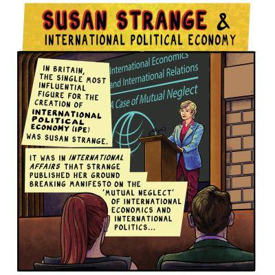 Colour comic showing Susan Strange speaking on her manifesto which established the concept of international political economy.