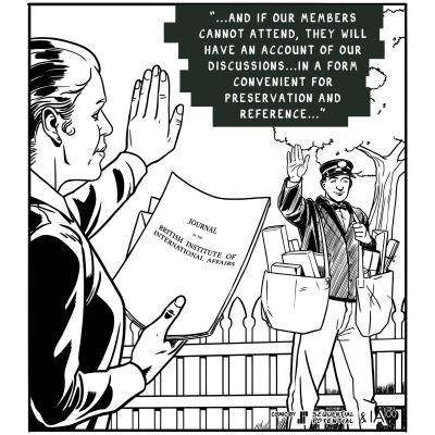 Black and white comic strip with a scene of the first journals being distributed to members.