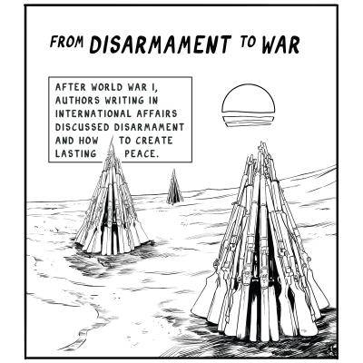 Black and white comic strip with a scene showing the rifles stacked in cones symbolising disarmament after the First World War.