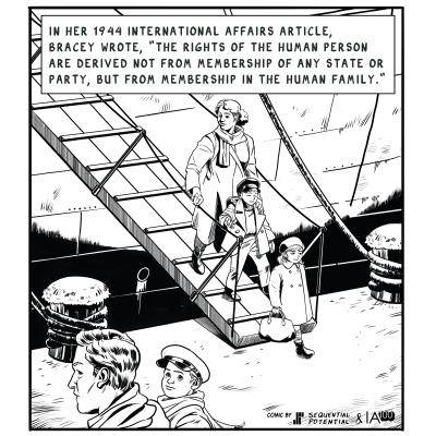 Black and white comic strip with a scene of refugees arriving from ships following the Second World War.