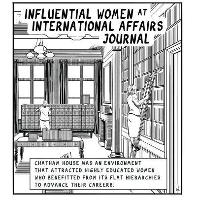 Black and white comic strip showing the Chatham House library. The institute attracted highly educated women who benefitted from the flat hierarchy and advanced their careers.
