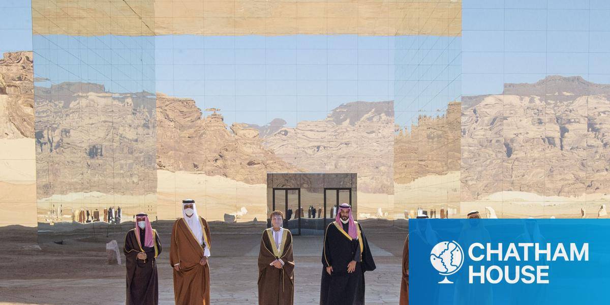 Emir of Qatar Sheikh Tamim bin Hamad al-Thani (L-2), Crown Prince of Saudi Arabia Mohammed bin Salman (4th L), Deputy Prime Minister of Oman Fahd bin Mahmoud al Said (L-3), Salman, Crown Prince of Bahrain (R-3), Vice President of the United Arab Emirates Mohammed bin Rashid Al Maktoum (R-2) and Emir of Kuwait Nawaf Al-Ahmad Al-Jaber Al-Sabah (L) pose for a photo during the 41st Summit of Gulf Cooperation Council in AlUla, Saudi Arabia on January 05, 2021. 