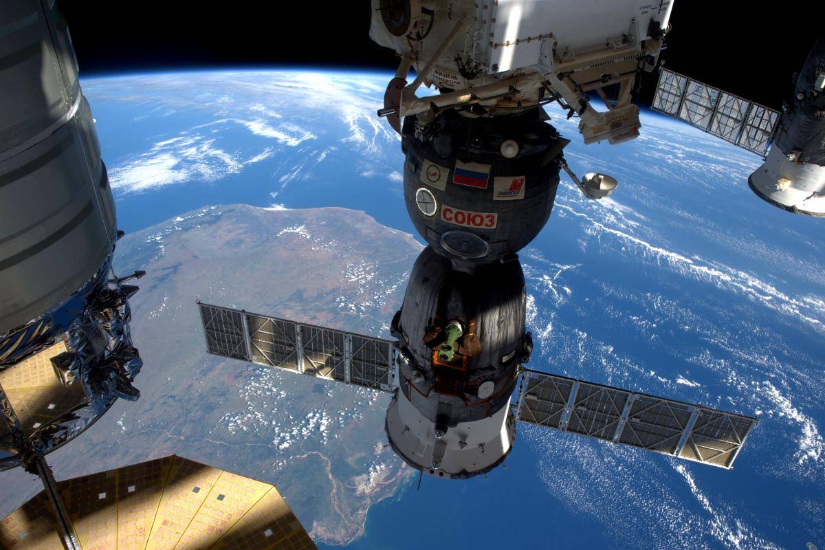 The Soyuz TMA-19M spacecraft attached to the International Space Station on 16 June 2016. Photo: Tim Peake/ESA/NASA via Getty Images.