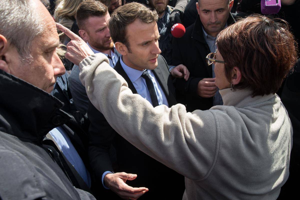Presidential candidate Emmanuel Macron meets employees at a Whirlpool factory in Amiens on 26 April 2017. The workers had been demonstrating against plans to relocate the factory to Poland. Photo: Nicolas Kovarik/IP3/Contributor.
