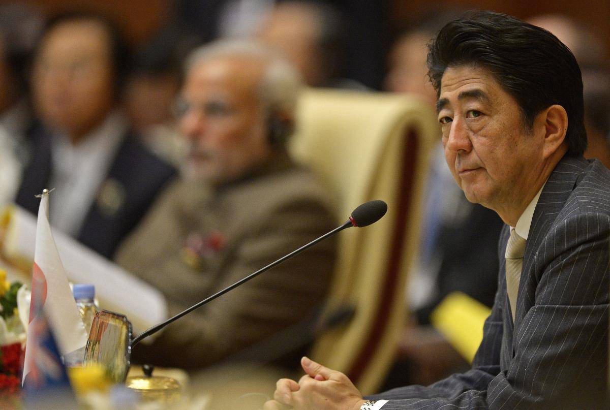Japan's prime minister, Shinzō Abe, and India's prime minister, Narendra Modi, attend the East Asia Summit in Myanmar's capital, Naypyidaw, on 13 November 2014. Photo: Christophe Archambault/Staff