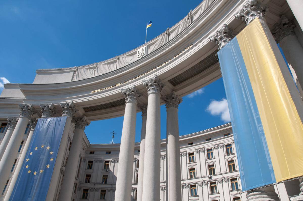 Ukrainian and EU banners hanging from the Ukrainian Ministry of Foreign Affairs government building in Kiev, Ukraine.