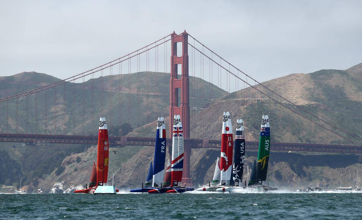 Teams from France, Great Britain, the US, China, Australia and Japan race against each other during the SailGP on 4 May 2019 in San Francisco, California. Photo: Getty Images