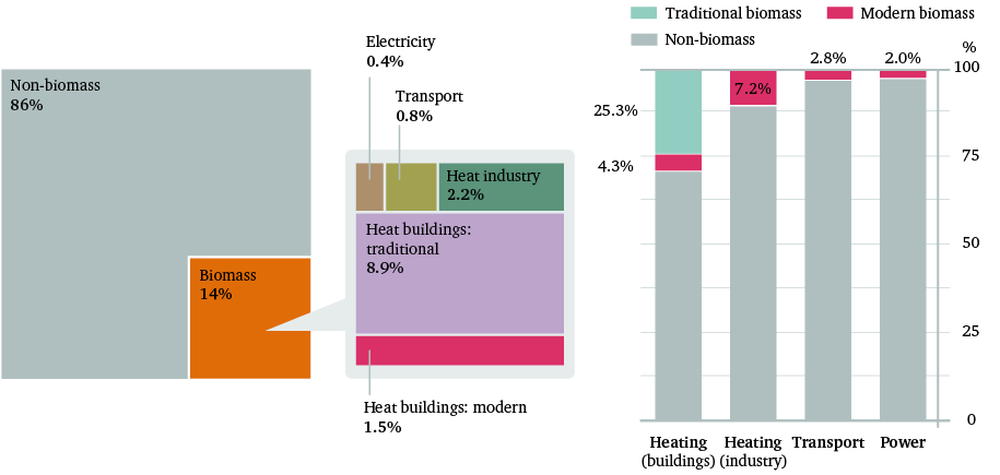 Figure 1: Shares of traditional and modern biomass (solid, liquid and gaseous) in total final energy consumption and in final energy consumption by end-use sector, 2014