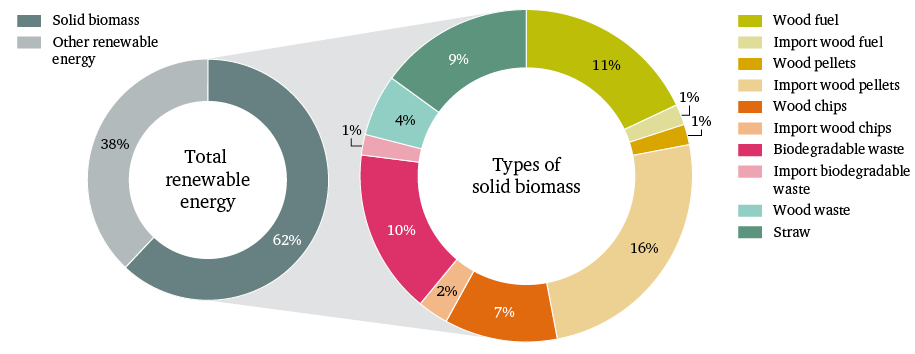 Figure 8: Use of solid biomass in Danish energy system in 2015 with share of imports, % of energy content
