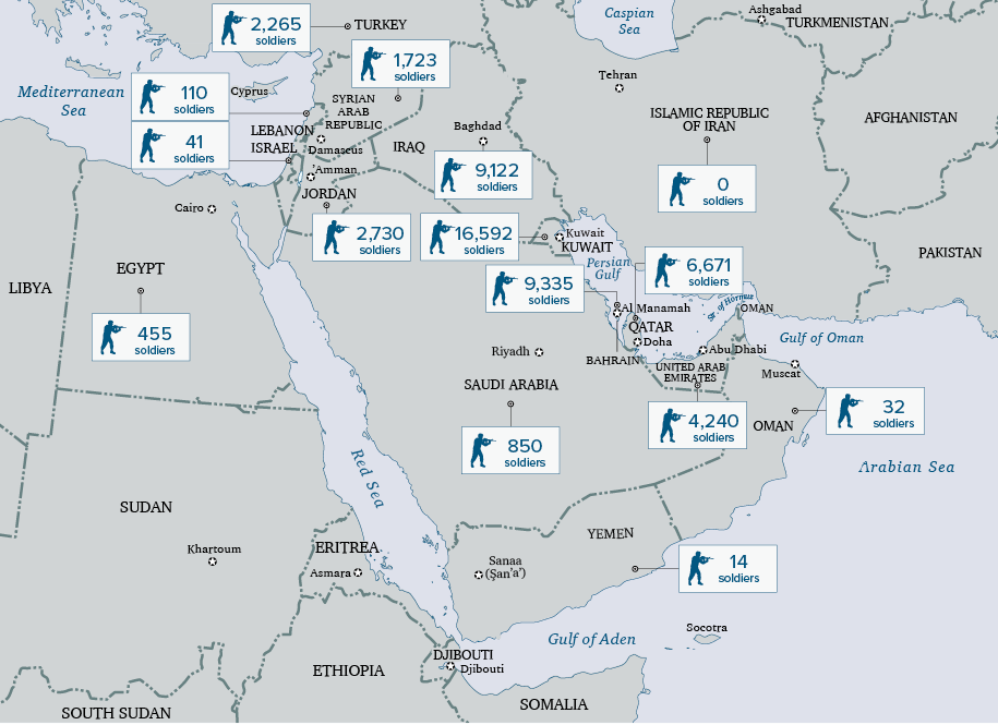 Map 1: Estimated US troop numbers stationed in the Middle East in 2017