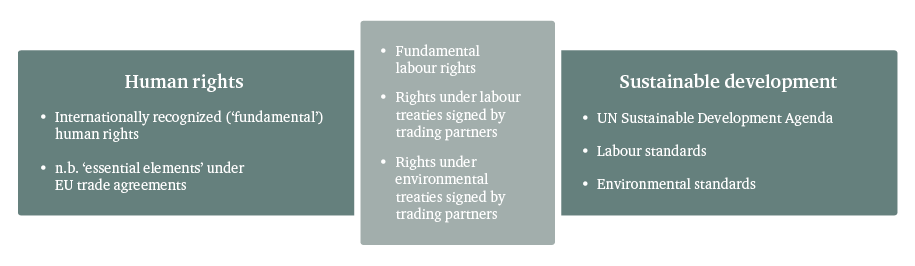 Figure 2: Extent of mandate of TSD chapter institutional mechanisms with respect to human rights, and potential for overlap with ‘fundamental’ human rights covered by ‘essential elements’ clause