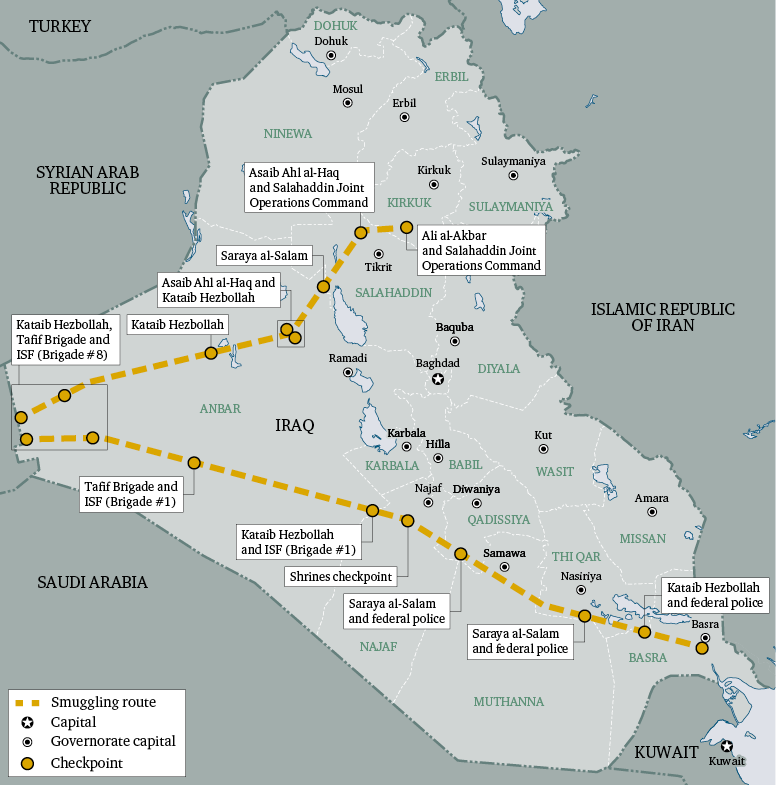 Map 3: Reported PMU checkpoints on the oil smuggling route to Jordan