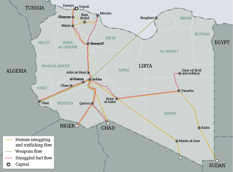 Map 2: Human smuggling/trafficking, weapons and smuggled fuel flows via Sebha