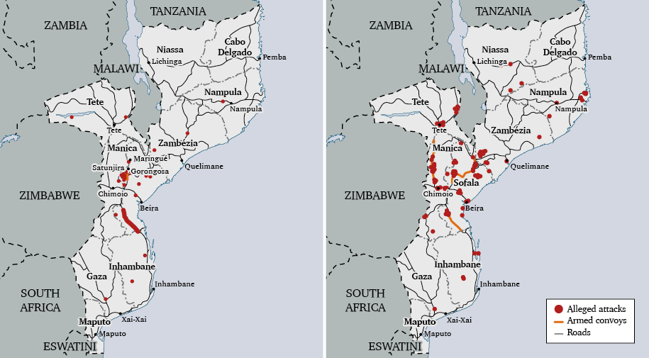 Map 2: Comparison of RENAMO Attacks 2013–14 (left) and 2015–16 (right)