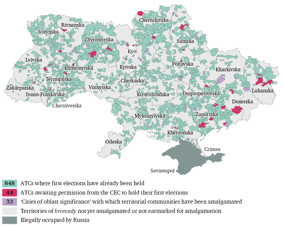 Map 1: Status of the voluntary amalgamation of communities into ATCs in each oblast, July 2019