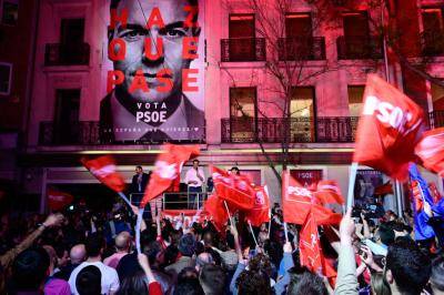 Pedro Sánchez delivers a speech during an election night rally in Madrid after Spain held general elections on 28 April, 2019. Photo: Getty Images