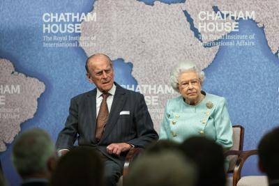 HM The Queen and HRH The Prince Philip, Duke of Edinburgh, on stage at the event to launch the Queen Elizabeth II Academy for Leadership in International Affairs at Chatham House, November 2014.