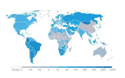 Daily new COVID-19 cases per million people rolling 7 days average.