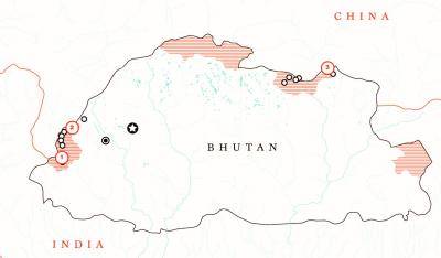 Map of Bhutan showing Chinese incursions over the border