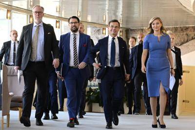  Leader of the Liberal party Johan Pehrson, Leader of the Sweden Democrats Jimmie Akesson, Leader of the Moderate party Ulf Kristersson and Leader of the Christian Democrats Ebba Busch arrive for the press conference on the formation of a coalition government in Stockholm, Sweden on 14 October 2022. Photo by JONAS EKSTROMER/TT News Agency/AFP via Getty Images.
