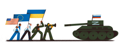An illustration showing people with flags confronting a tank