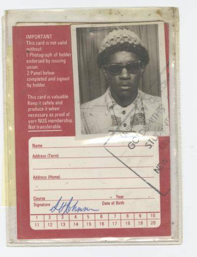Linton Kwesi Johnson’s National Union of Students card from his time at Goldsmiths College, London, 1973-1976.