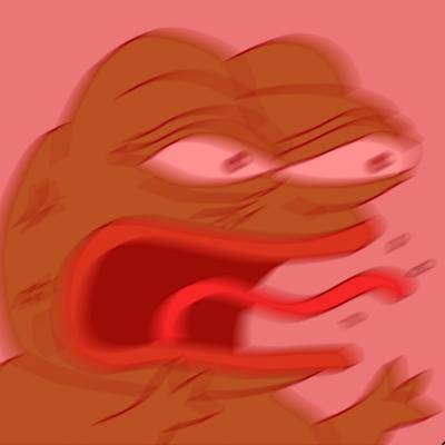 A distorted Pepe the Frog with a red tint and an angry face
