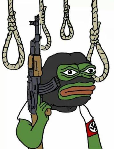 Pepe the Frog wears a balaclava and Swastika armband while holding an automatic weapon and standing among nooses